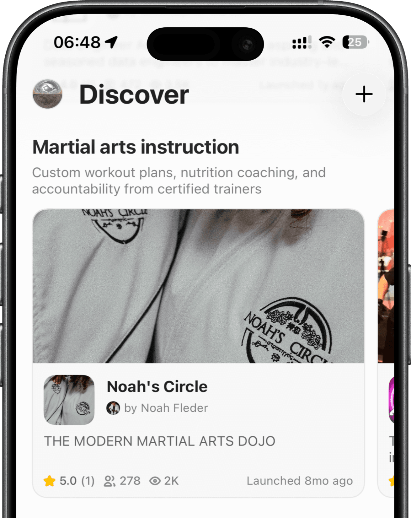 Mobile product discovery experience showing a martial arts creator community